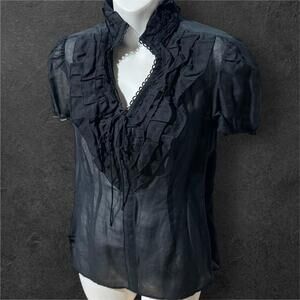 Goth Y2K silk blend short sleeve ruffle blouse, size S, 16” ptp